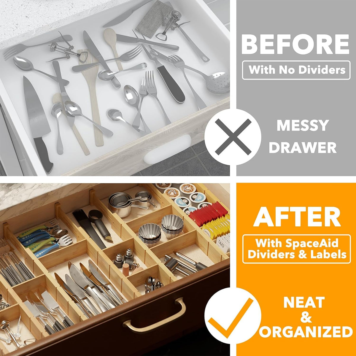 Bamboo Drawer Dividers with Inserts and Labels, Kitchen Adjustable Drawer Organizers, Expandable Organization for Home, Office, Dressers, 4 Dividers with 9 Inserts (17"-22" Natural)