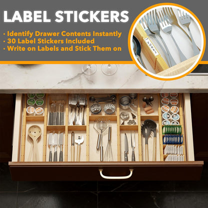 Bamboo Drawer Dividers with Inserts and Labels, Kitchen Adjustable Drawer Organizers, Expandable Organization for Home, Office, Dressers, 4 Dividers with 9 Inserts (17"-22" Natural)
