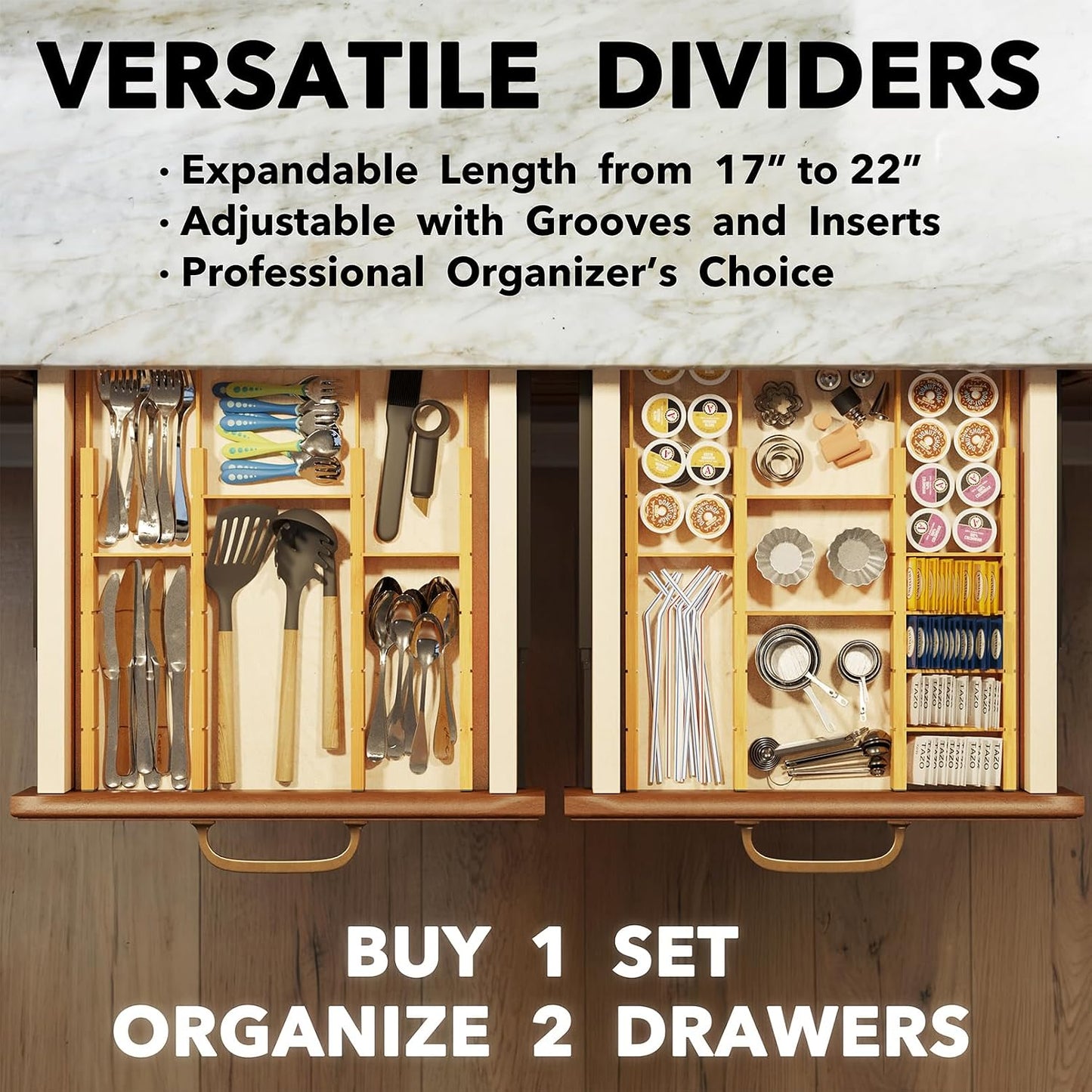 Bamboo Drawer Dividers with Inserts and Labels, Kitchen Adjustable Drawer Organizers, Expandable Organization for Home, Office, Dressers, 4 Dividers with 9 Inserts (17"-22" Natural)