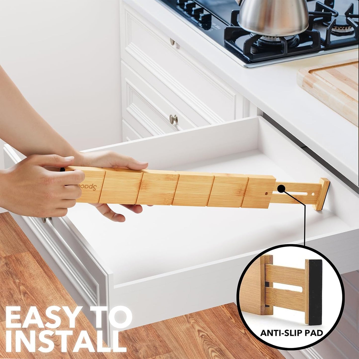 Bamboo Drawer Dividers with Inserts and Labels, Kitchen Adjustable Drawer Organizers, Expandable Organization for Home, Office, Dressers, 4 Dividers with 9 Inserts (17"-22" Natural)