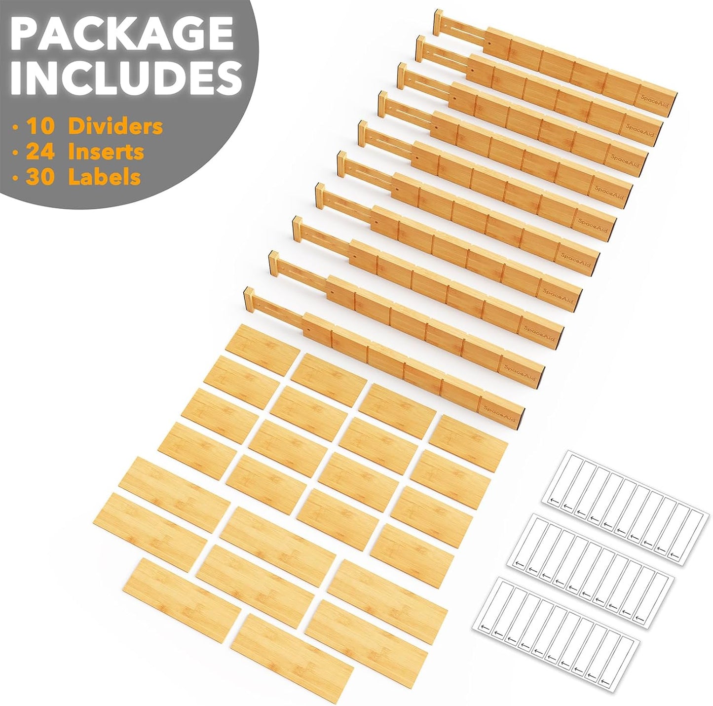 Bamboo Drawer Dividers with Inserts and Labels, Kitchen Adjustable Drawer Organizers, Expandable Organization for Home, Office, Dressers, 4 Dividers with 9 Inserts (17"-22" Natural)