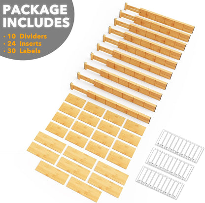 Bamboo Drawer Dividers with Inserts and Labels, Kitchen Adjustable Drawer Organizers, Expandable Organization for Home, Office, Dressers, 4 Dividers with 9 Inserts (17"-22" Natural)