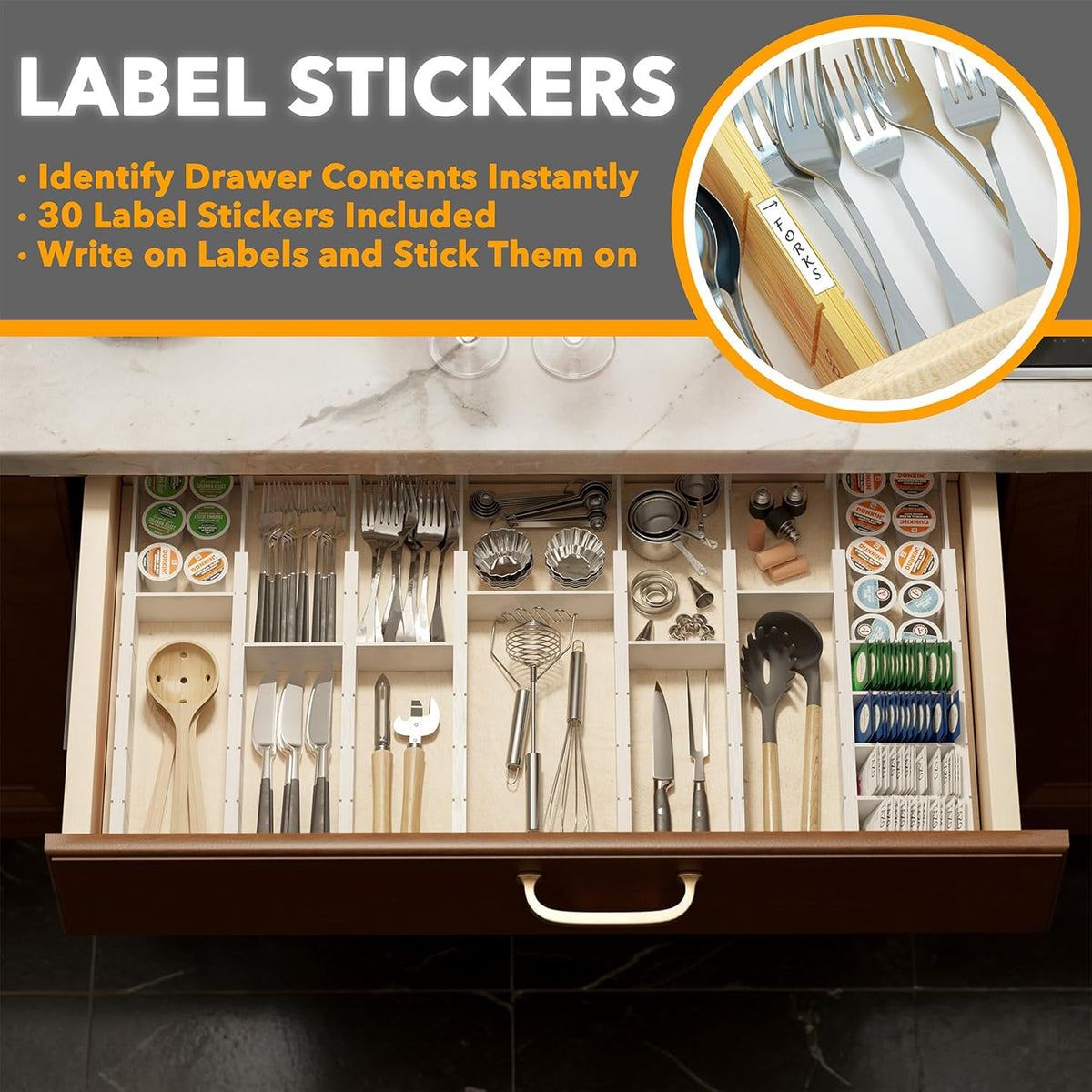 Bamboo Drawer Dividers with Inserts and Labels, Kitchen Adjustable Drawer Organizers, Expandable Organization for Home, Office, Dressers, 4 Dividers with 9 Inserts (17"-22" Natural)