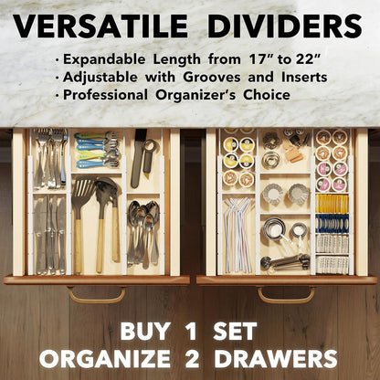 Bamboo Drawer Dividers with Inserts and Labels, Kitchen Adjustable Drawer Organizers, Expandable Organization for Home, Office, Dressers, 4 Dividers with 9 Inserts (17"-22" Natural)