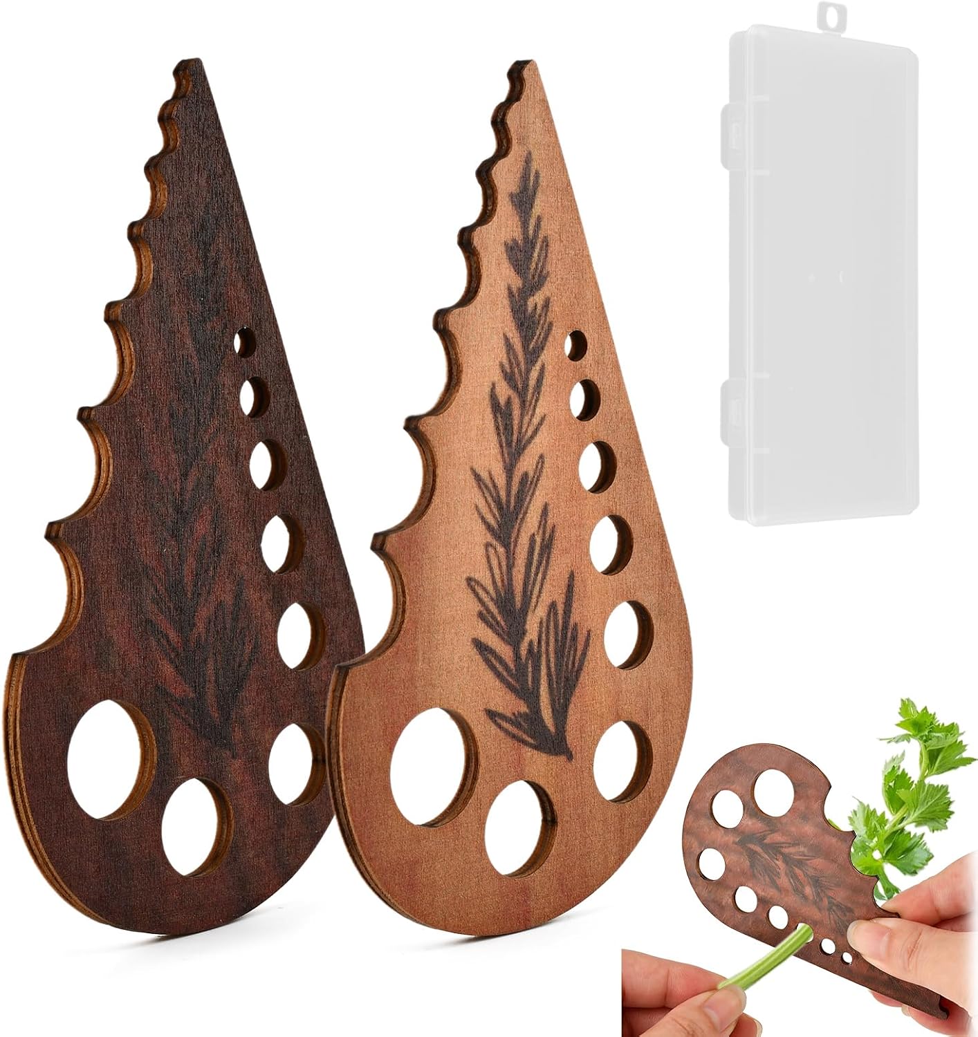 Herb Stripper, 8 Hole Wooden Vegetable Leaf Separator, Herb Stem Stripper Chopper Tool Supplies with Storage Case, Quick Leaf Stripping Kitchen Gadget for Kale, Rosemary, and Basil
