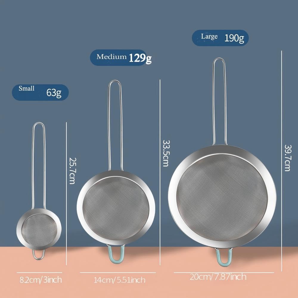 3 inches 304 Stainless Steel Fine Mesh Strainers for Kitchen, Colander-Skimmer with Handle, Metal Sieve Sifters for Food, Rice, Oil, Noodles, Fruits, Vegetable, Tea Strainer