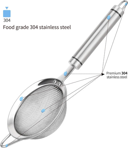 3 inches 304 Stainless Steel Fine Mesh Strainers for Kitchen, Colander-Skimmer with Handle, Metal Sieve Sifters for Food, Rice, Oil, Noodles, Fruits, Vegetable, Tea Strainer