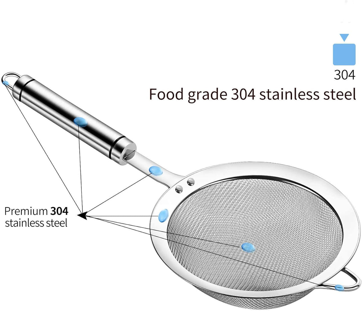 3 inches 304 Stainless Steel Fine Mesh Strainers for Kitchen, Colander-Skimmer with Handle, Metal Sieve Sifters for Food, Rice, Oil, Noodles, Fruits, Vegetable, Tea Strainer