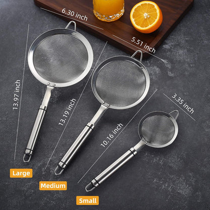 3 inches 304 Stainless Steel Fine Mesh Strainers for Kitchen, Colander-Skimmer with Handle, Metal Sieve Sifters for Food, Rice, Oil, Noodles, Fruits, Vegetable, Tea Strainer