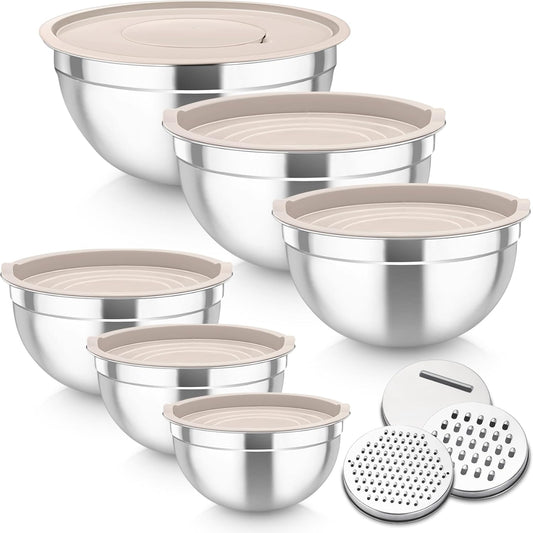 Mixing Bowls Set of 6, Stainless Steel Nesting Mixing Salad Bowl | with Airtight Lids & 3 Grater Attachments for Food Cooking Prepping Storing Washing, 4.6/2.6/2/1.5/1/0.7 QT, Khaki