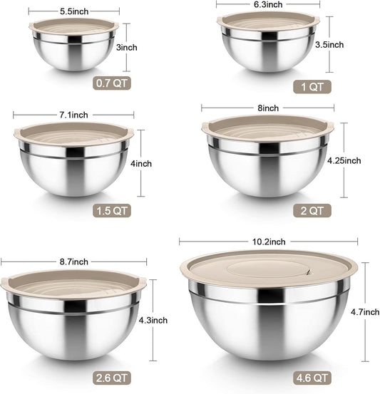 Mixing Bowls Set of 6, Stainless Steel Nesting Mixing Salad Bowl | with Airtight Lids & 3 Grater Attachments for Food Cooking Prepping Storing Washing, 4.6/2.6/2/1.5/1/0.7 QT, Khaki