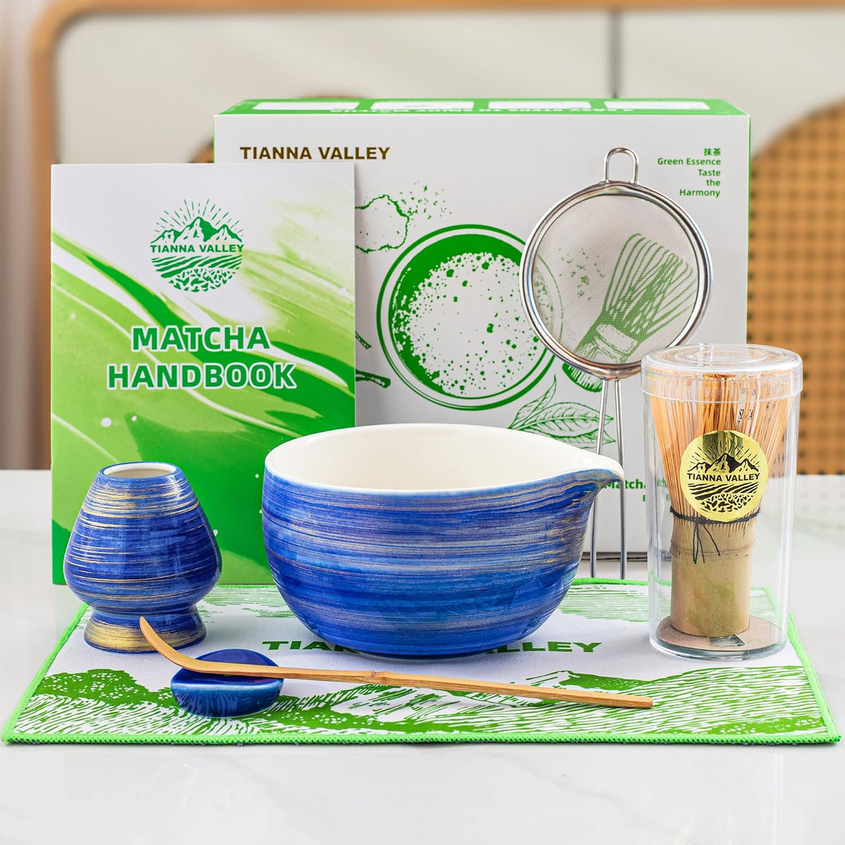 Matcha Whisk Set,7 Pcs Matcha Set Blue,Matcha Kit for Ceremony,480 ML Ceramic Bowl(chawan) with Spout,Bamboo Whisk(100 prong) and Holder,Tradition Tea Set,Gift for Matcha Lovers