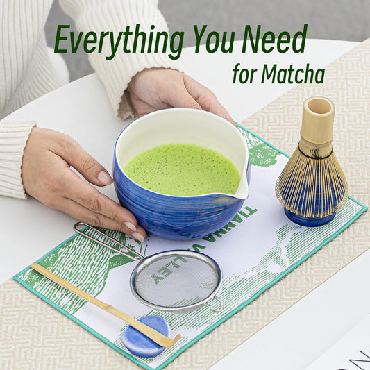 Matcha Whisk Set,7 Pcs Matcha Set Blue,Matcha Kit for Ceremony,480 ML Ceramic Bowl(chawan) with Spout,Bamboo Whisk(100 prong) and Holder,Tradition Tea Set,Gift for Matcha Lovers