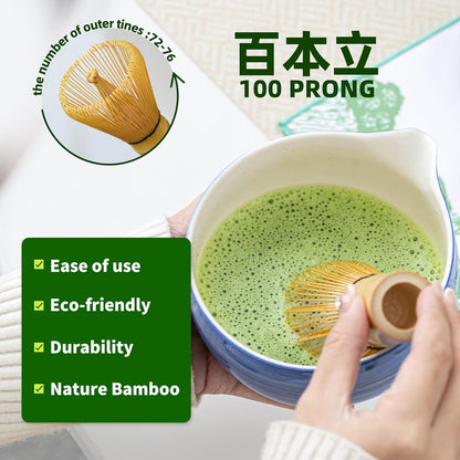 Matcha Whisk Set,7 Pcs Matcha Set Blue,Matcha Kit for Ceremony,480 ML Ceramic Bowl(chawan) with Spout,Bamboo Whisk(100 prong) and Holder,Tradition Tea Set,Gift for Matcha Lovers