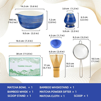 Matcha Whisk Set,7 Pcs Matcha Set Blue,Matcha Kit for Ceremony,480 ML Ceramic Bowl(chawan) with Spout,Bamboo Whisk(100 prong) and Holder,Tradition Tea Set,Gift for Matcha Lovers