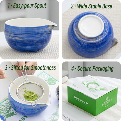 Matcha Whisk Set,7 Pcs Matcha Set Blue,Matcha Kit for Ceremony,480 ML Ceramic Bowl(chawan) with Spout,Bamboo Whisk(100 prong) and Holder,Tradition Tea Set,Gift for Matcha Lovers
