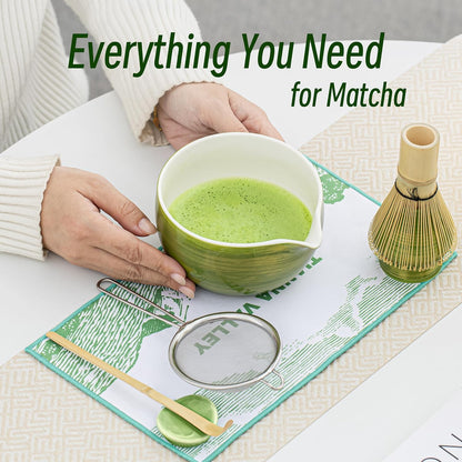 Matcha Whisk Set,7 Pcs Matcha Set Blue,Matcha Kit for Ceremony,480 ML Ceramic Bowl(chawan) with Spout,Bamboo Whisk(100 prong) and Holder,Tradition Tea Set,Gift for Matcha Lovers
