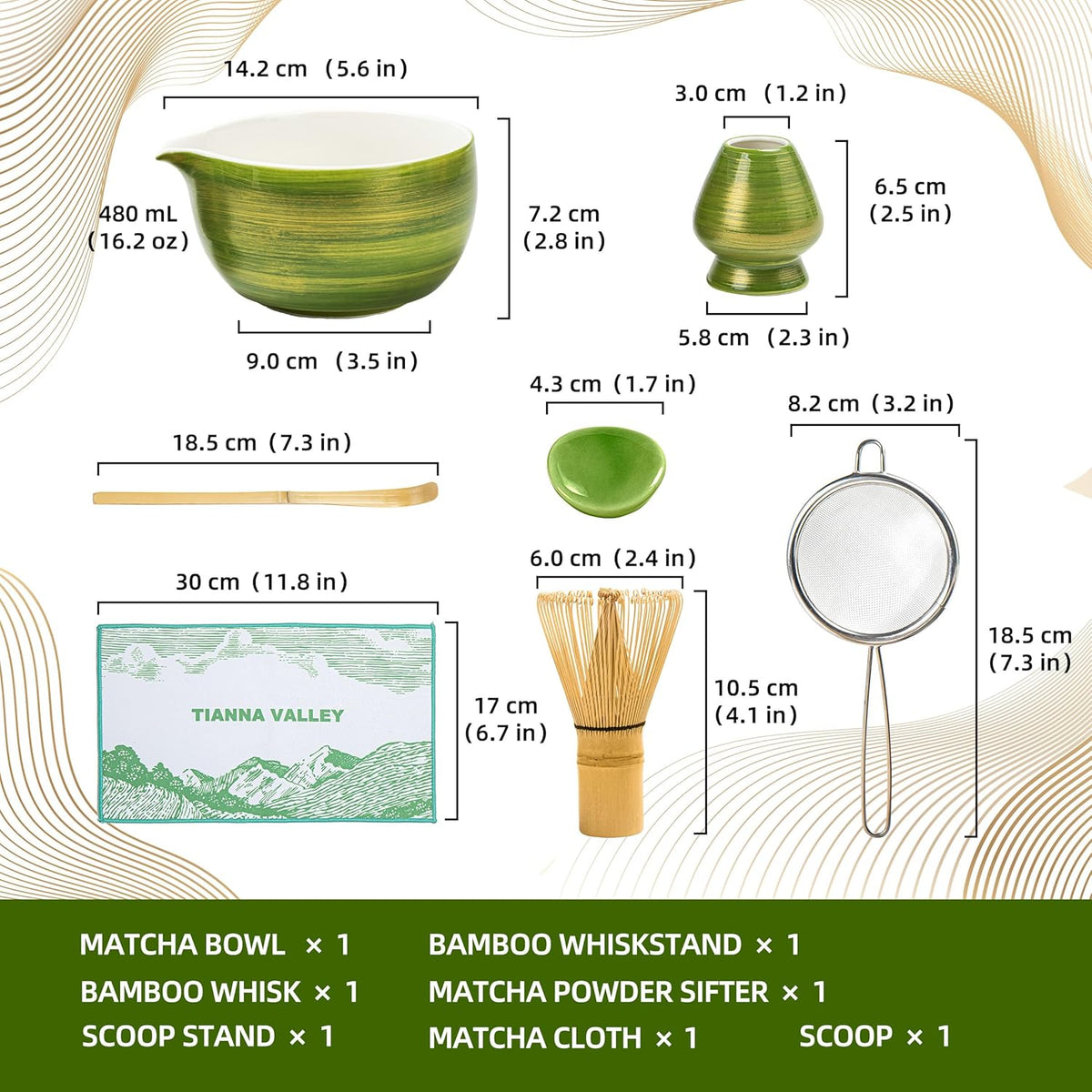 Matcha Whisk Set,7 Pcs Matcha Set Blue,Matcha Kit for Ceremony,480 ML Ceramic Bowl(chawan) with Spout,Bamboo Whisk(100 prong) and Holder,Tradition Tea Set,Gift for Matcha Lovers