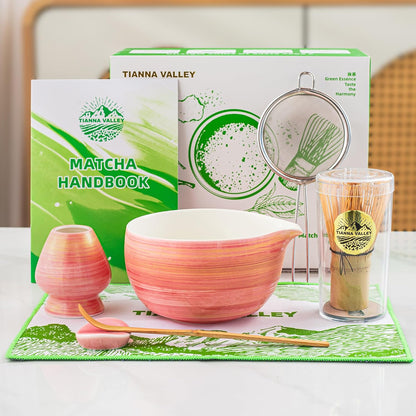 Matcha Whisk Set,7 Pcs Matcha Set Blue,Matcha Kit for Ceremony,480 ML Ceramic Bowl(chawan) with Spout,Bamboo Whisk(100 prong) and Holder,Tradition Tea Set,Gift for Matcha Lovers