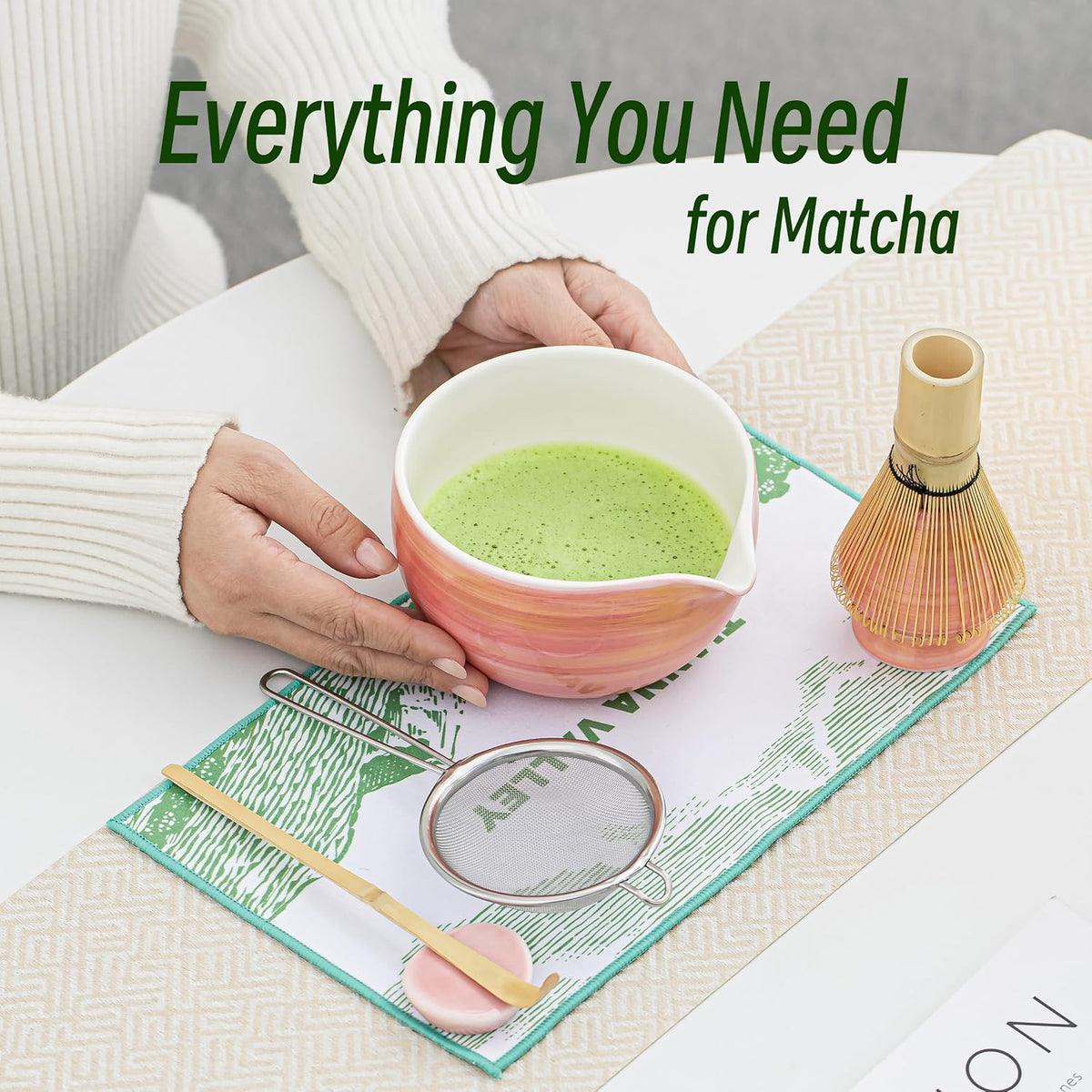 Matcha Whisk Set,7 Pcs Matcha Set Blue,Matcha Kit for Ceremony,480 ML Ceramic Bowl(chawan) with Spout,Bamboo Whisk(100 prong) and Holder,Tradition Tea Set,Gift for Matcha Lovers