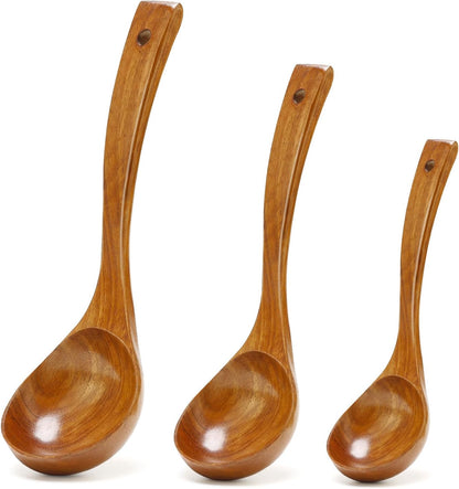 3Pcs Wooden Ladles Serving Spoon Non Toxic Soup Ladle Wood Cooking Spoons | Wood Spoons for Cooking Ladel Large Spoon Kitchen Tools Ladles Big Spaghetti Spoon Laddle Soup Spoons Teak Round Deep Ladle