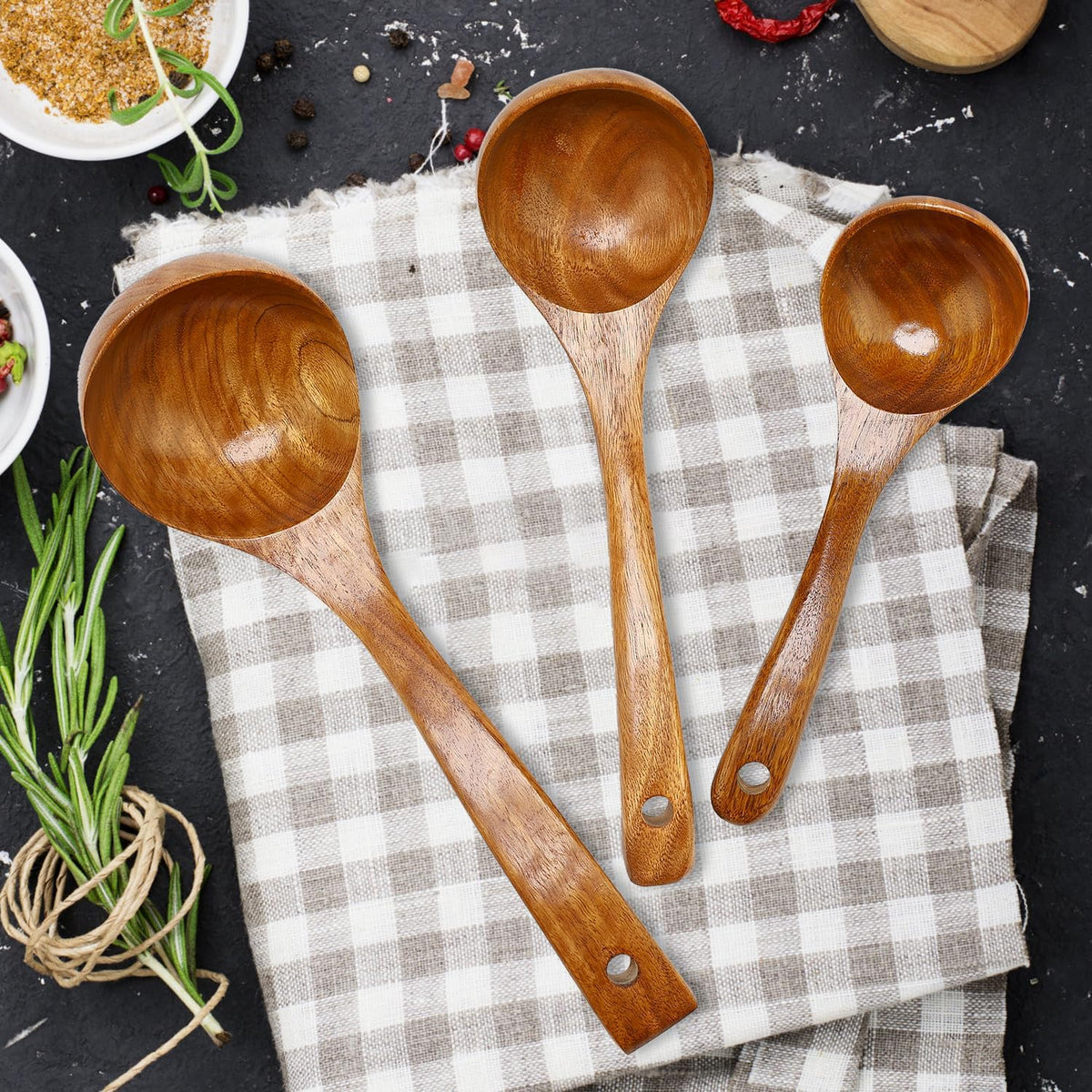 3Pcs Wooden Ladles Serving Spoon Non Toxic Soup Ladle Wood Cooking Spoons | Wood Spoons for Cooking Ladel Large Spoon Kitchen Tools Ladles Big Spaghetti Spoon Laddle Soup Spoons Teak Round Deep Ladle
