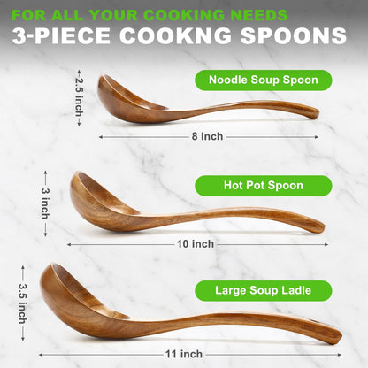 3Pcs Wooden Ladles Serving Spoon Non Toxic Soup Ladle Wood Cooking Spoons | Wood Spoons for Cooking Ladel Large Spoon Kitchen Tools Ladles Big Spaghetti Spoon Laddle Soup Spoons Teak Round Deep Ladle