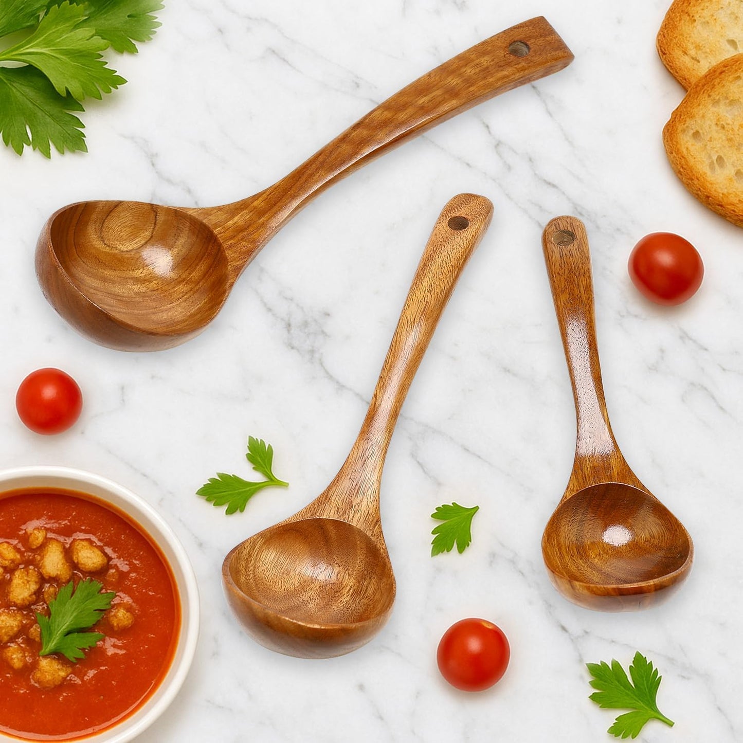 3Pcs Wooden Ladles Serving Spoon Non Toxic Soup Ladle Wood Cooking Spoons | Wood Spoons for Cooking Ladel Large Spoon Kitchen Tools Ladles Big Spaghetti Spoon Laddle Soup Spoons Teak Round Deep Ladle