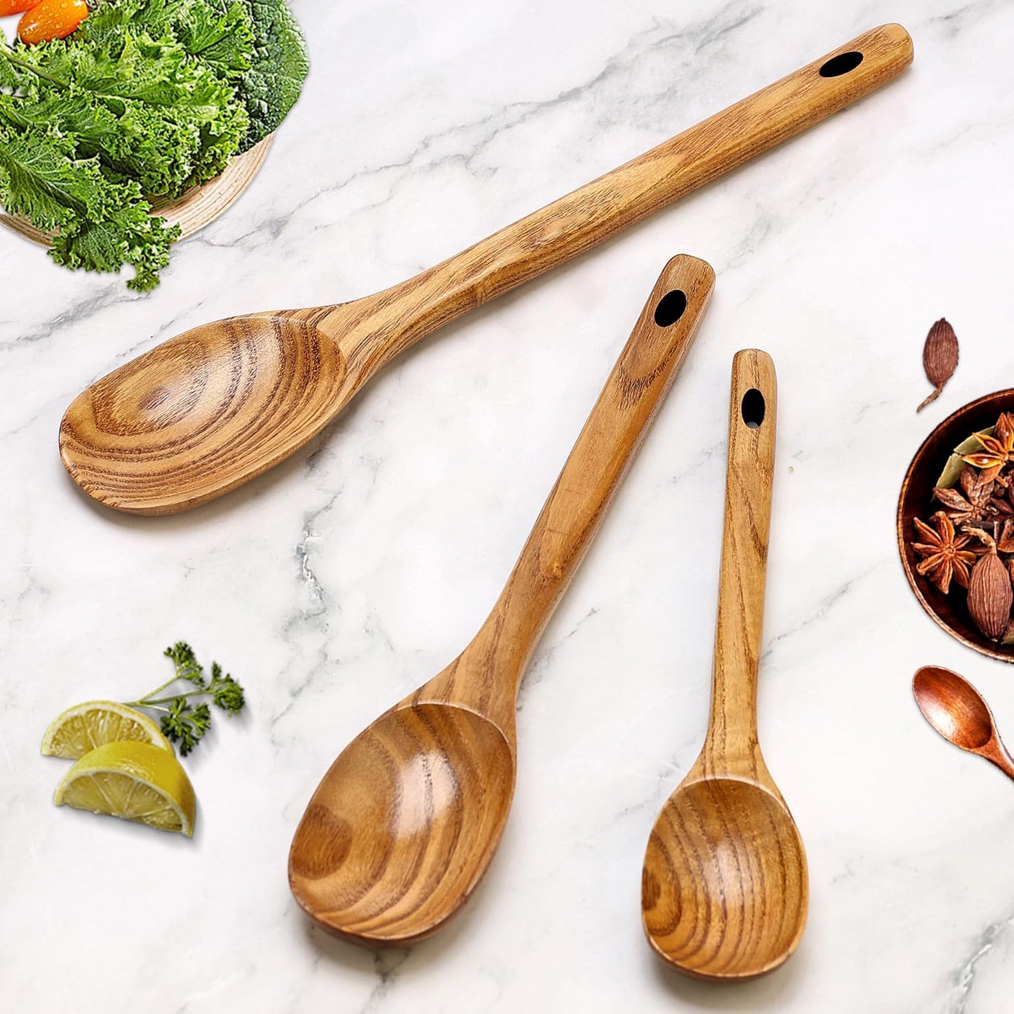 3Pcs Wooden Ladles Serving Spoon Non Toxic Soup Ladle Wood Cooking Spoons | Wood Spoons for Cooking Ladel Large Spoon Kitchen Tools Ladles Big Spaghetti Spoon Laddle Soup Spoons Teak Round Deep Ladle