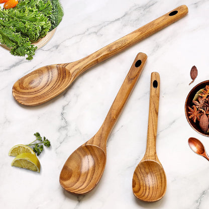 3Pcs Wooden Ladles Serving Spoon Non Toxic Soup Ladle Wood Cooking Spoons | Wood Spoons for Cooking Ladel Large Spoon Kitchen Tools Ladles Big Spaghetti Spoon Laddle Soup Spoons Teak Round Deep Ladle