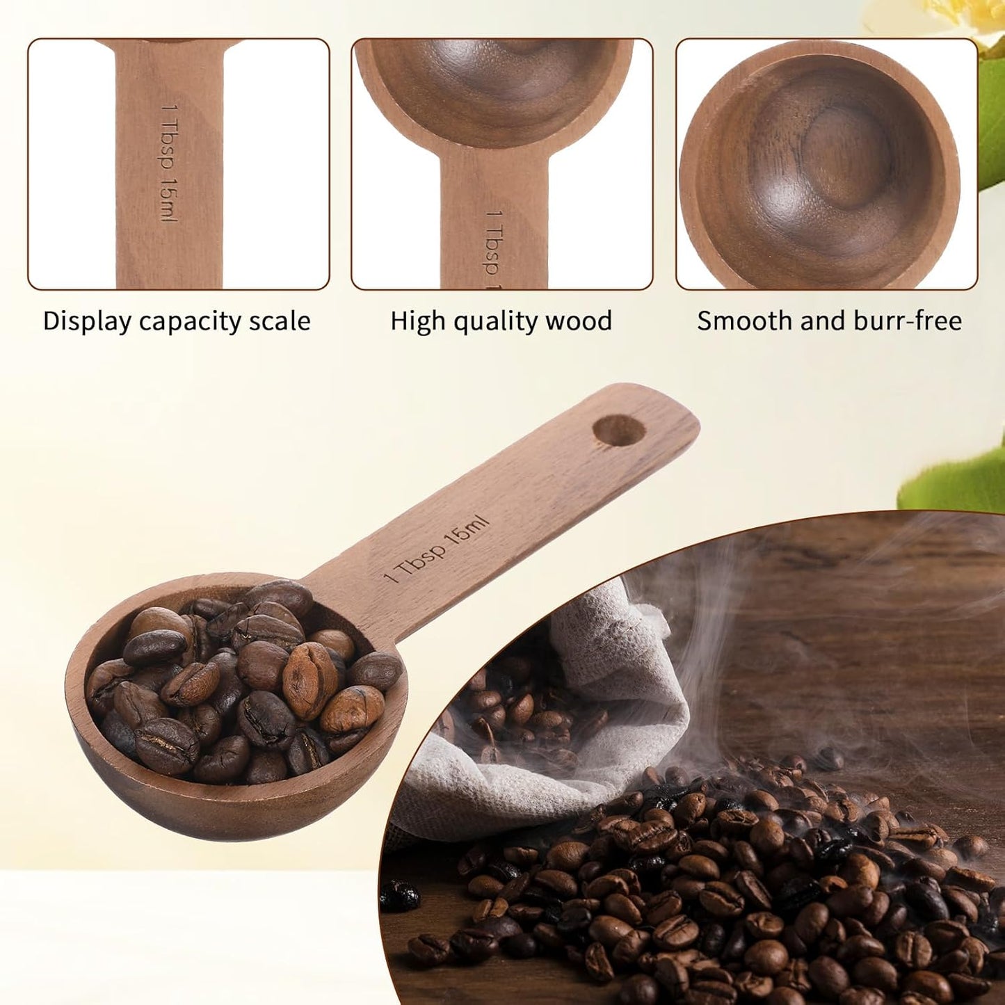 2PCS Wooden Tablespoon Measuring Spoon for Jars, Coffee Scoop for Ground Coffee Handmade Walnut Coffee-Scoop for Coffees Beans Tea Spices Tablespoon Home Kitchen Accessories for Jars Containers