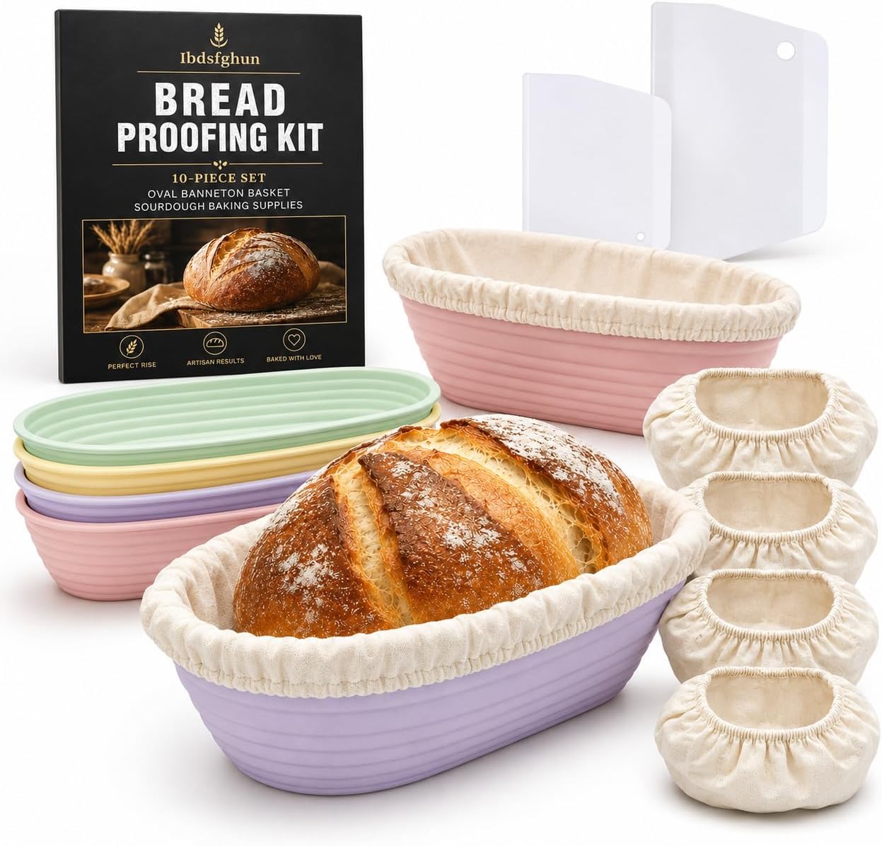 10-Piece Set Oval Banneton Bread Proofing Basket,10 Inch Natural Rattan Sourdough Proofing Kit with Cloth Liners and Dough Scrapers,Sourdough Bread Baking Supplies for Home Bakers
