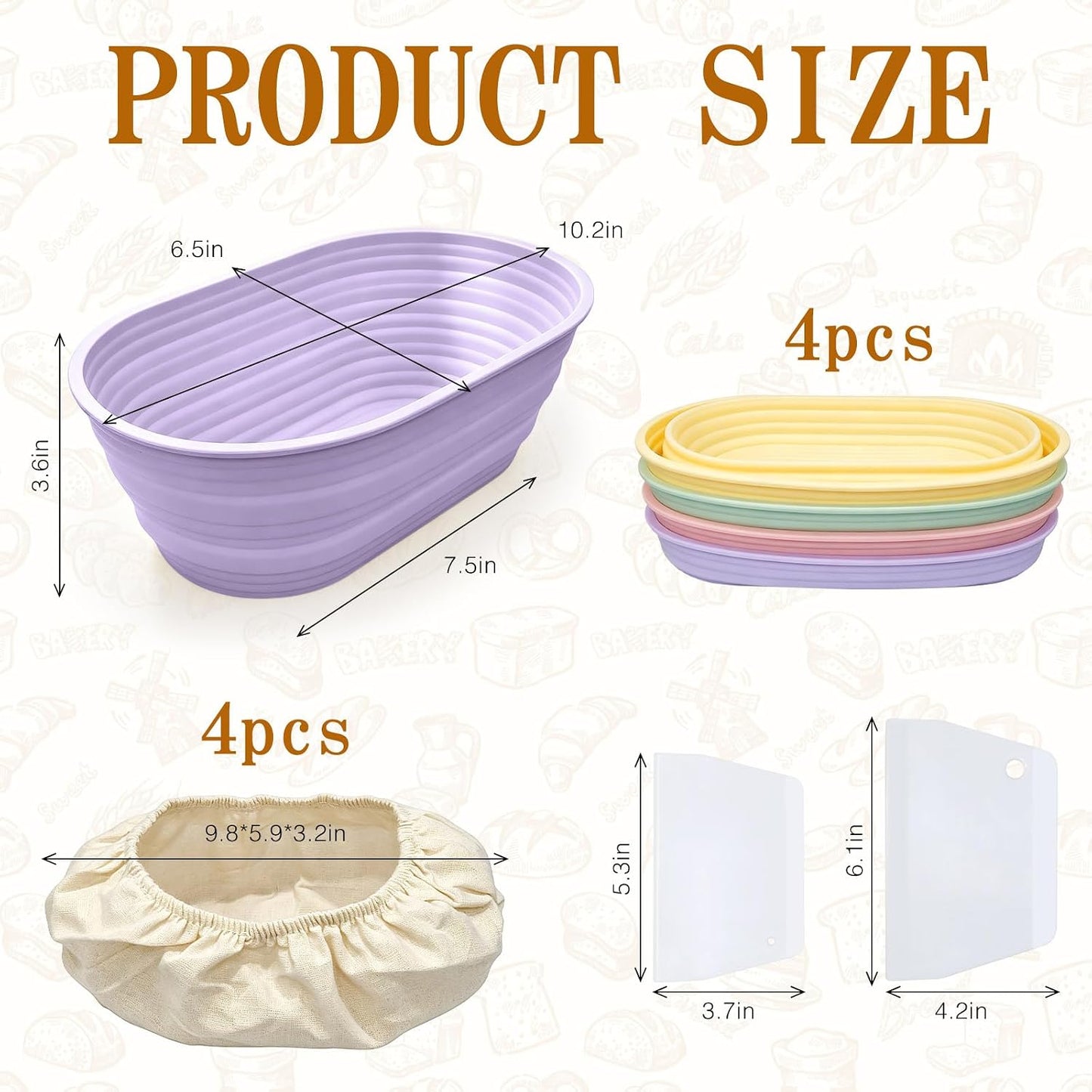 10-Piece Set Oval Banneton Bread Proofing Basket,10 Inch Natural Rattan Sourdough Proofing Kit with Cloth Liners and Dough Scrapers,Sourdough Bread Baking Supplies for Home Bakers