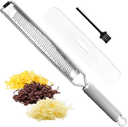 Stainless Steel Lemon Zester, Cheese Grater & Vegetable Grater with Silicone Handle - Parmesan Cheese Lemon, Garlic, Nutmeg, Chocolate, Fruits, Vegetables, Ginger - Cheese Grater (Gray)