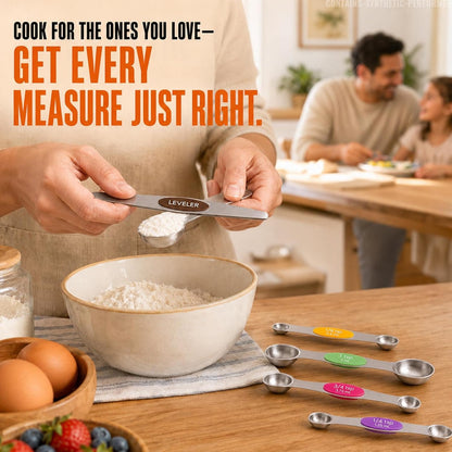 8-Piece Measuring Magnetic Spoons Set with Leveler - Stainless Steel for Measuring Dry and Liquid Ingredients, Double Ended, Stackable & Nested Fits in Kitchen Spice Jars for Baking & Cooking