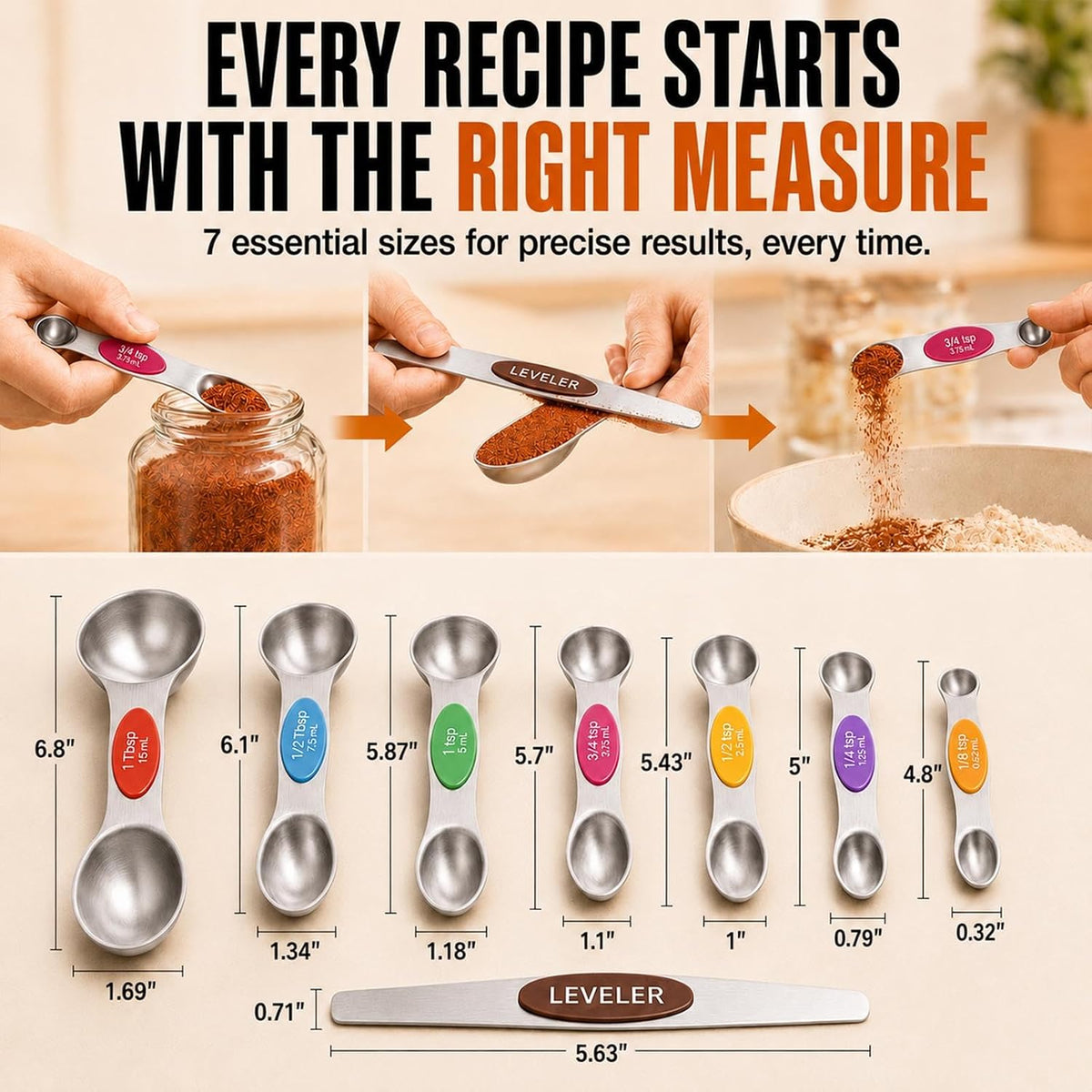 8-Piece Measuring Magnetic Spoons Set with Leveler - Stainless Steel for Measuring Dry and Liquid Ingredients, Double Ended, Stackable & Nested Fits in Kitchen Spice Jars for Baking & Cooking