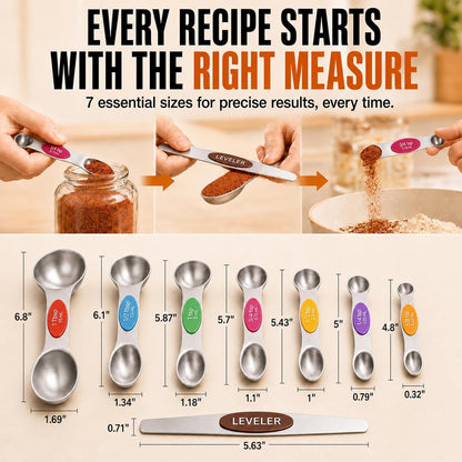 8-Piece Measuring Magnetic Spoons Set with Leveler - Stainless Steel for Measuring Dry and Liquid Ingredients, Double Ended, Stackable & Nested Fits in Kitchen Spice Jars for Baking & Cooking