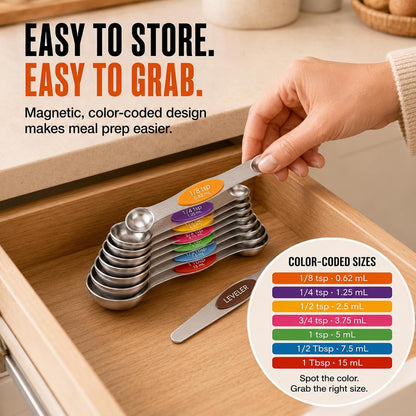 8-Piece Measuring Magnetic Spoons Set with Leveler - Stainless Steel for Measuring Dry and Liquid Ingredients, Double Ended, Stackable & Nested Fits in Kitchen Spice Jars for Baking & Cooking