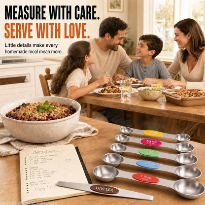 8-Piece Measuring Magnetic Spoons Set with Leveler - Stainless Steel for Measuring Dry and Liquid Ingredients, Double Ended, Stackable & Nested Fits in Kitchen Spice Jars for Baking & Cooking