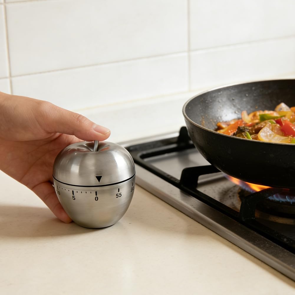 Wind Up Kitchen Timer, 0-60 Min Analog Countdown, No Batteries, Silver | For cooking baking study routines, Ring may be easy to miss in noisy spaces, Do not submerge in water