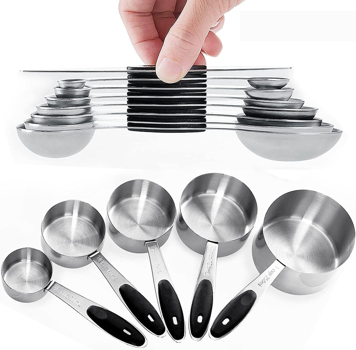 Measuring Cups and Magnetic Measuring Spoons Set, Stainless Steel 5 Cups and 7 Spoons and 1 Levele (Black)