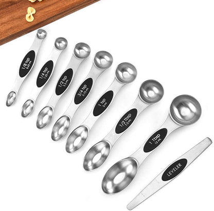 Measuring Cups and Magnetic Measuring Spoons Set, Stainless Steel 5 Cups and 7 Spoons and 1 Levele (Black)