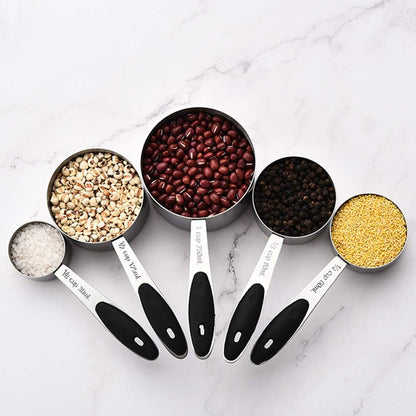 Measuring Cups and Magnetic Measuring Spoons Set, Stainless Steel 5 Cups and 7 Spoons and 1 Levele (Black)