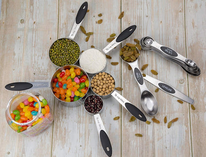 Measuring Cups and Magnetic Measuring Spoons Set, Stainless Steel 5 Cups and 7 Spoons and 1 Levele (Black)
