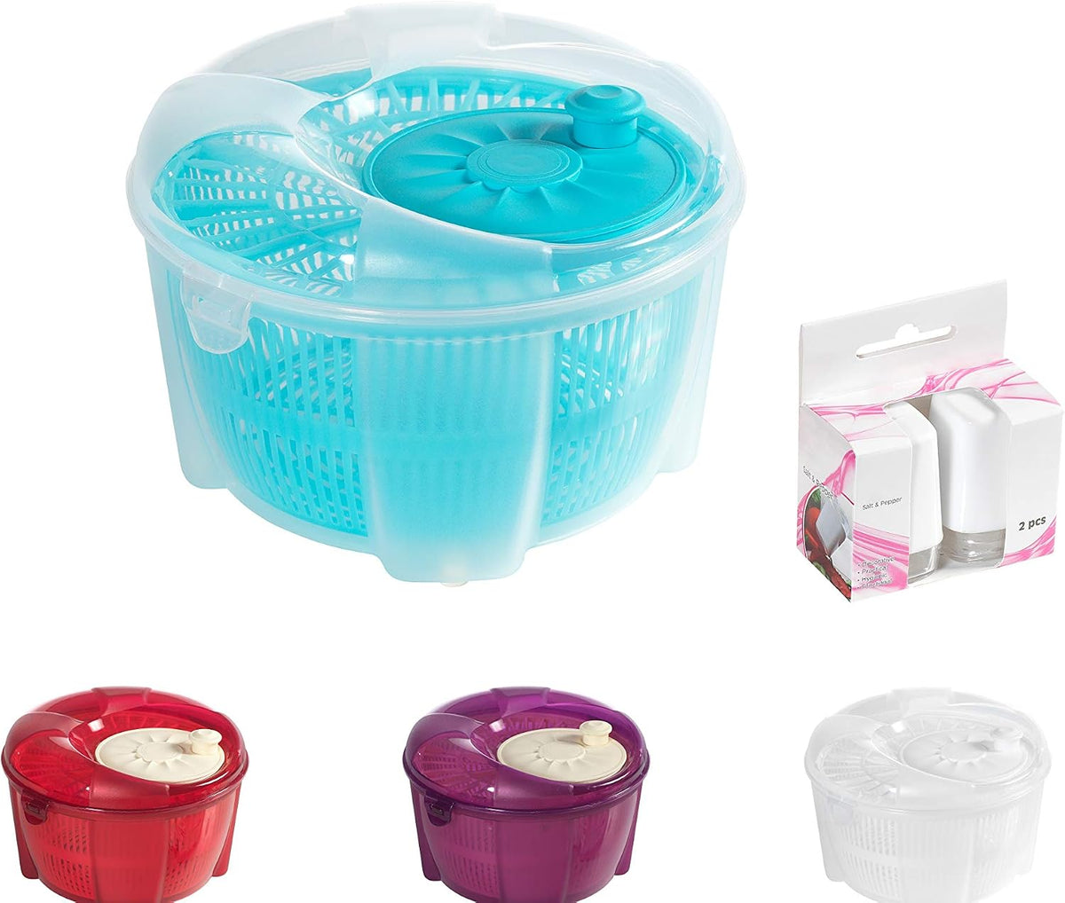 Salad Spinner, Salad Tosser and Mixer, 5,5 Quart, Vegetable Spinner -EXTRA Salt&Pepper Shaker inc. (Purple)