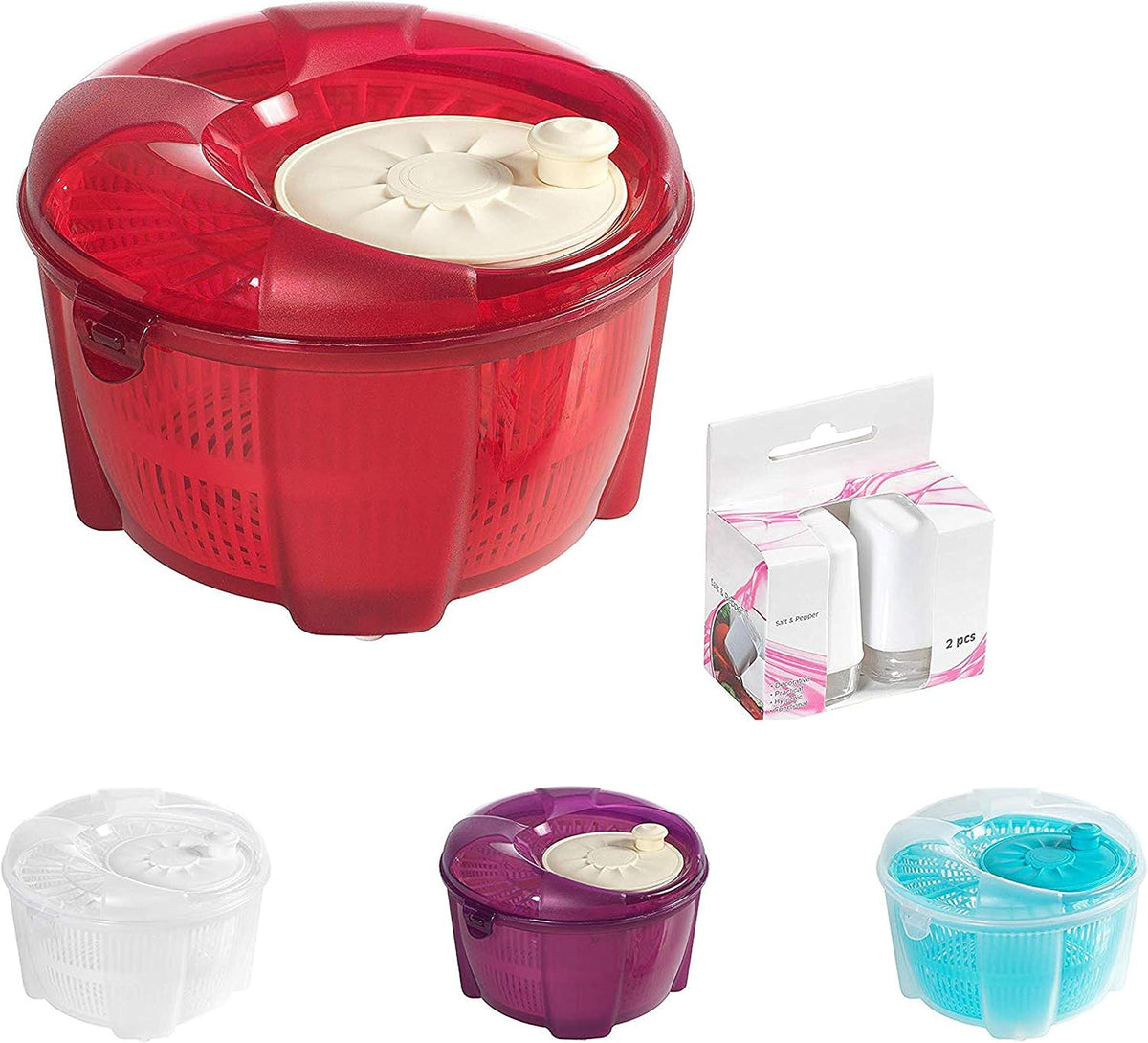 Salad Spinner, Salad Tosser and Mixer, 5,5 Quart, Vegetable Spinner -EXTRA Salt&Pepper Shaker inc. (Purple)
