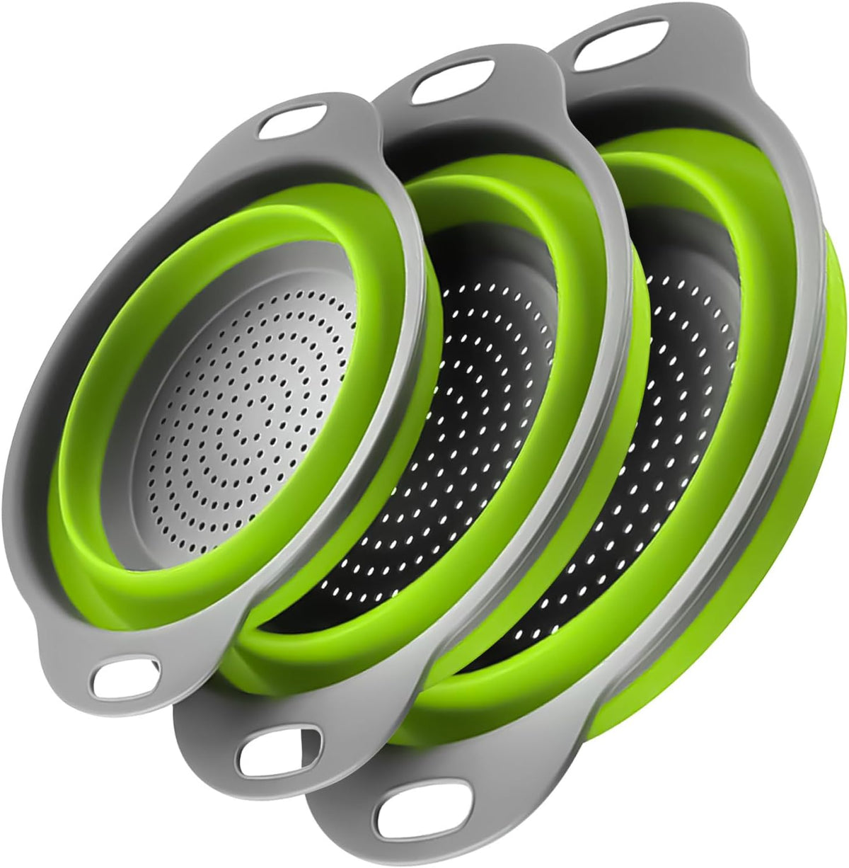 ONFAMICO Collapsible Colander Set of 3 - Heat Resistant Washing and Draining of Vegetables Fruits Pasta - Perfect for Kitchen and Travel Use (3PCS-Green)