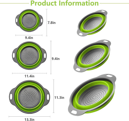 ONFAMICO Collapsible Colander Set of 3 - Heat Resistant Washing and Draining of Vegetables Fruits Pasta - Perfect for Kitchen and Travel Use (3PCS-Green)
