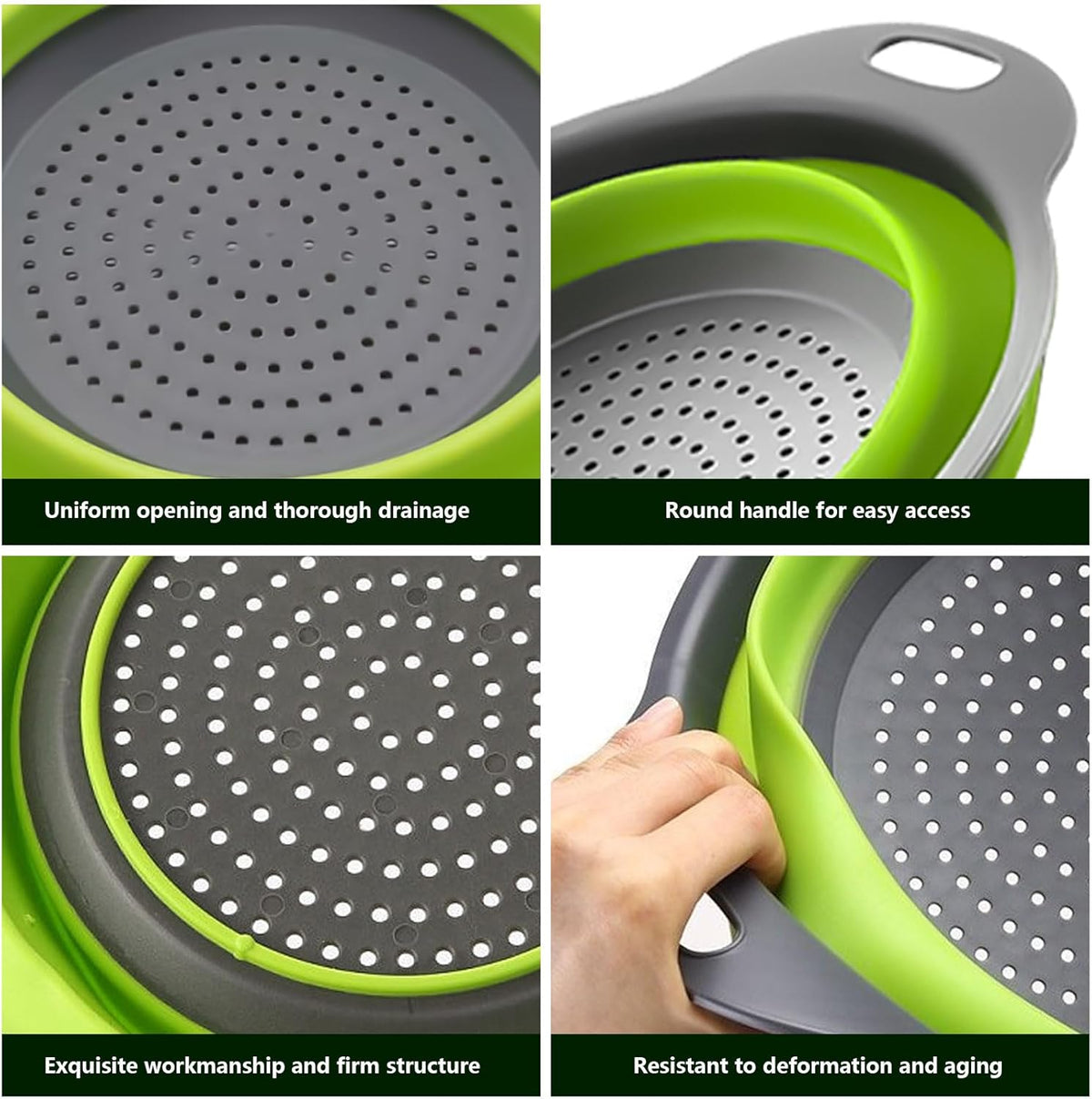 ONFAMICO Collapsible Colander Set of 3 - Heat Resistant Washing and Draining of Vegetables Fruits Pasta - Perfect for Kitchen and Travel Use (3PCS-Green)
