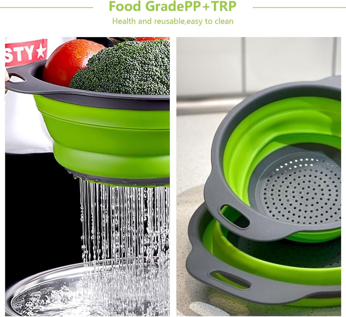 ONFAMICO Collapsible Colander Set of 3 - Heat Resistant Washing and Draining of Vegetables Fruits Pasta - Perfect for Kitchen and Travel Use (3PCS-Green)